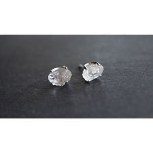 Sterling silver stud earrings, alternative diamond, uncut natural gemsto…